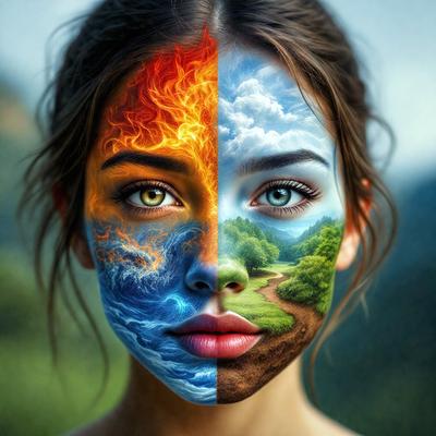 The primary subject of the image is a woman with a face painted to resemble a sun and a fire. The setting is a natural environment, with a mountain visible in the background. The visual style is a combination of photo and digital art, creating a unique and eye-catching representation of the sun and fire. The colors and mood of the image are warm and vibrant, with the sun and fire elements evoking a sense of energy and life.